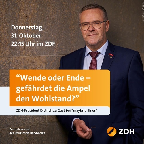 Titelbild zum News-Artikel ZDH - Präsident Jörg Dittrich zu Gast bei Maybrit Illner am 31.10.2024 um 22:15 Uhr